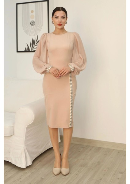 Inci ve Taş Süslemeli Balon Kol Abiye Elbise 2244-CAMEL fırsatları