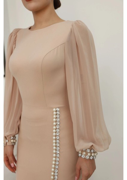 Inci ve Taş Süslemeli Balon Kol Abiye Elbise 2244-CAMEL indirimleri