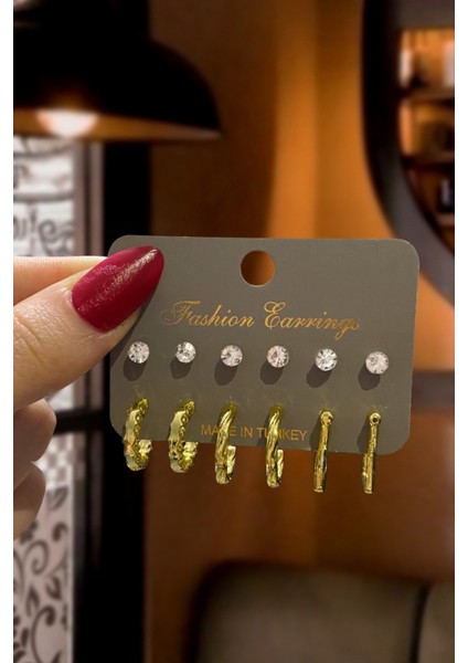 Kadın 12'li Zirkon Taş ve Gold Halka Küpe Seti