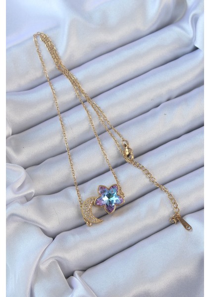 316L Çelik Zincir Altın Renk Ay Tasarımlı Renkli Zirkon Taşlı Çiçek Kolye - TJ-BKO9135 fiyatları