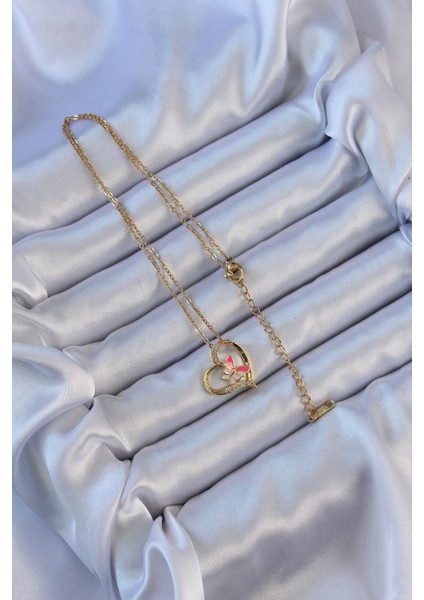 316L Çelik Zincir Altın Renk Mineli Kelebek Figür Zirkon Taşlı Kalp Kolye - TJ-BKO9107 modelleri