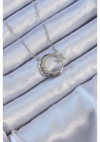 316L Çelik Zincir Gümüş Renk Zirkon Taşlı Motifli Ay Yıldız Kolye - TJ-BKO9116