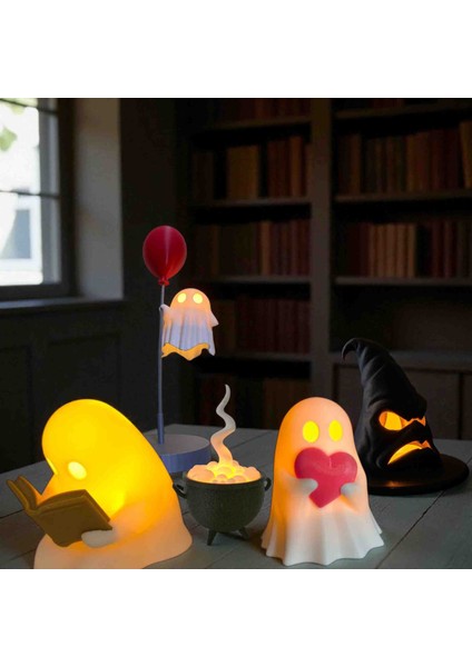 5’li LED Işıklı Hayalet ve Kazan Dekor Seti – 3D Baskı Masa Üstü Süs, Gece Lambası