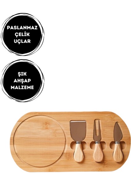 Ahşap Peynir Kesme Tahtası ve Sunum Seti – Paslanmaz Çelik Bıçaklı 3’lü Set