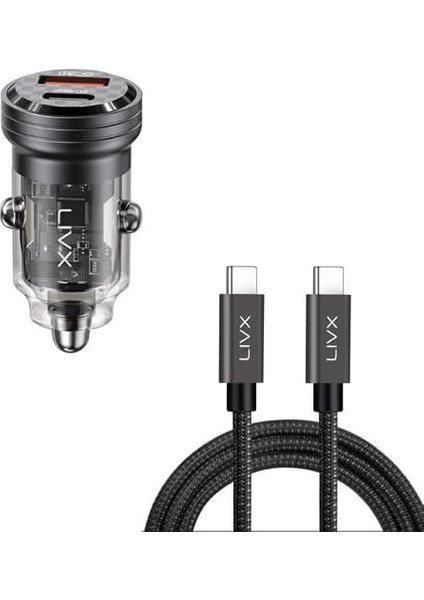 Transparent 45W Pd/qc Mini Araç Şarj Cihazı ve 1 Metre Hızlı Şarj ve Data Kablosu L35 - Tct-01 modelleri