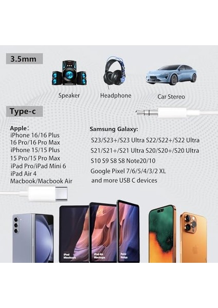 USB C - 3,5 mm Ses Aux Jak Kablosu, 15 Için Aux Kablosu, Tip C - 3,5 mm Kulaklık Araba Kablosu, 15 Plus /15 Pro Max ile Uyumlu, Galaxy S23 S22 20, 5 Xl modelleri