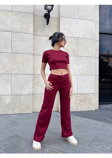 Kadın Bordo Crop Bol Paça Pantolon Alt Üst Takım indirimleri