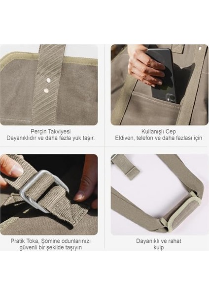 Ağır Hizmet Çantası, Waxed Kanvas, Şömine Odun Çantası, Şömine Odunluk Kamp Için Kütük Taşıma Depolama Çantası, Şömine Odun Sobası Aksesuarları - Büyük Boy - Haki modelleri