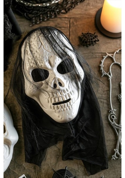 Halloween Maske Iskelet Kuru Kafa Tüllü Siyah Beyaz