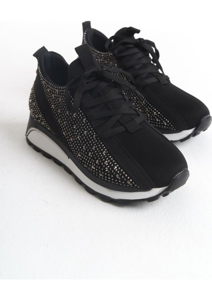 Alya Bağcıklı Ortopedik Taban Taşlı Kadın Sneaker Spor Ayakkabı - Siyah