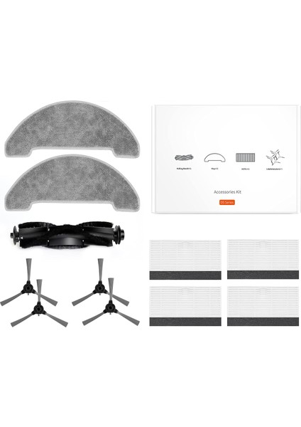 D5S Pro Aksesuar Kiti, 11 Parça (4 Yan Fırça + 4 Filtre + 2 Mikrofiber Paspas Bezi + 1 Rulo Fırça)