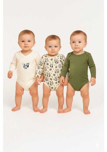 Panda Desenli 3’lü Uzun Kollu Bebek Body Seti