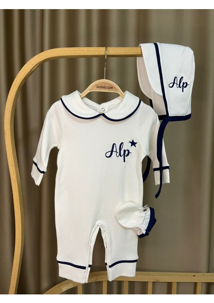 Isme Özel Nakışlı 3'lü Penye Set - Lacivert Biyeli