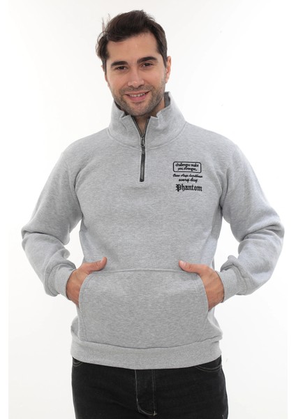 Erkek Açık Gri Standart Fit Normal Kesim Içi Polarlı Yarım Fermuarlı Dik Bato Yaka Pamuklu Sweatshirt