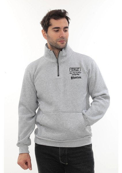 Erkek Açık Gri Standart Fit Normal Kesim Içi Polarlı Yarım Fermuarlı Dik Bato Yaka Pamuklu Sweatshirt fiyatları