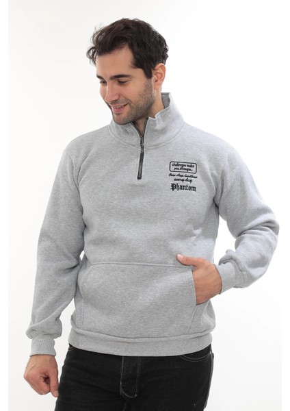 Erkek Açık Gri Standart Fit Normal Kesim Içi Polarlı Yarım Fermuarlı Dik Bato Yaka Pamuklu Sweatshirt modelleri