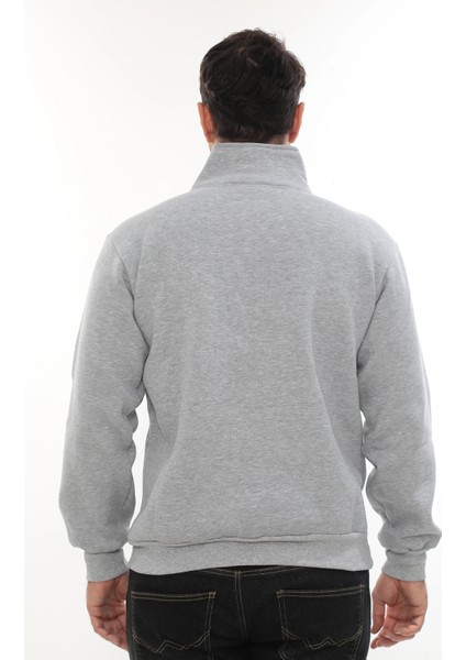 Erkek Açık Gri Standart Fit Normal Kesim Içi Polarlı Yarım Fermuarlı Dik Bato Yaka Pamuklu Sweatshirt fırsatları