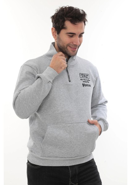 Erkek Açık Gri Standart Fit Normal Kesim Içi Polarlı Yarım Fermuarlı Dik Bato Yaka Pamuklu Sweatshirt indirimleri