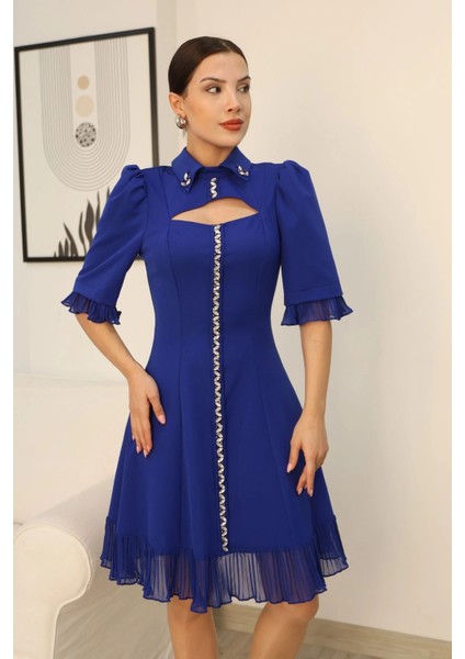 Göğüs Dekolteli El Işlemeli Gömlek Yaka Elbise 2310-SAKS indirimleri