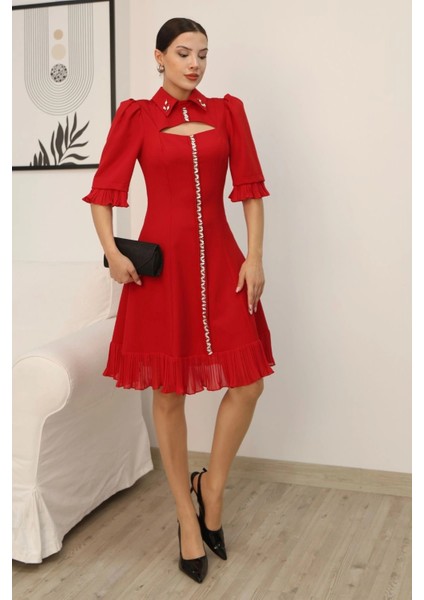 Göğüs Dekolteli El Işlemeli Gömlek Yaka Elbise 2310-KIRMIZI fiyatları