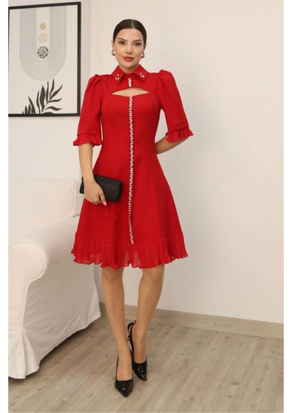 Göğüs Dekolteli El Işlemeli Gömlek Yaka Elbise 2310-KIRMIZI fırsatları
