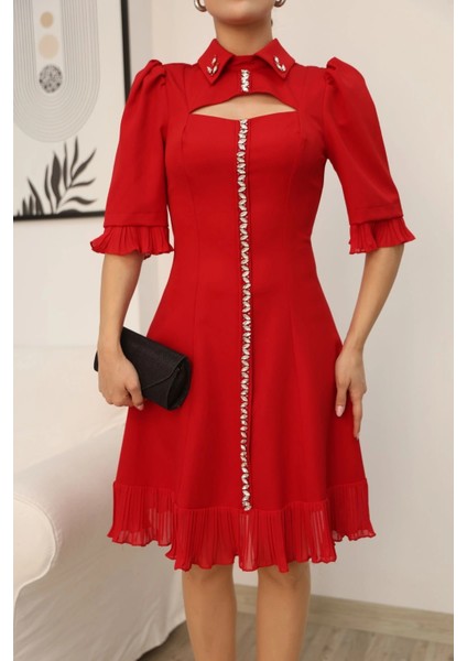 Göğüs Dekolteli El Işlemeli Gömlek Yaka Elbise 2310-KIRMIZI indirimleri