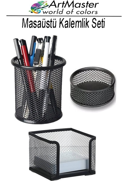 Masaüstü Siyah Fileli Kalemlik Seti 3 Lü 1 Paket Kalemlik Küp Notluk Ataşlık Masa Üstü Düzenleyici Ofis Büro