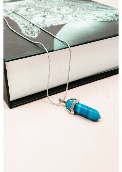 Mavi Akik Doğal Taşı Zincirli El Yapımı Tasarımlı Kolye Uç: 3,5 cm Zincir: 20 cm Kutulu modelleri