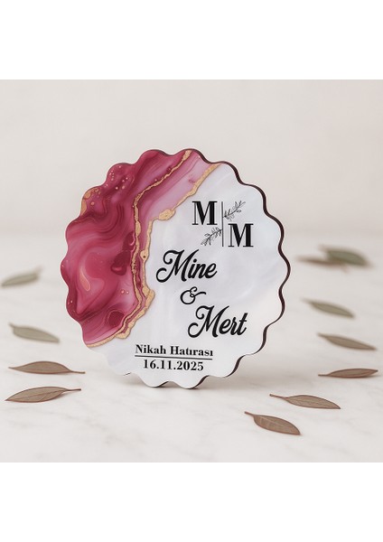 50 Adet Epoksi-Mermer Görünümlü Kişiye Özel Ahşap Magnet – Fuşya - Nikah & Düğün Hediyeliği