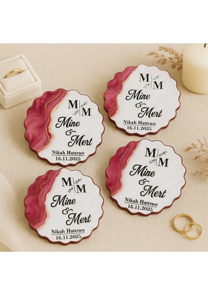 50 Adet Epoksi-Mermer Görünümlü Kişiye Özel Ahşap Magnet – Fuşya - Nikah & Düğün Hediyeliği modelleri