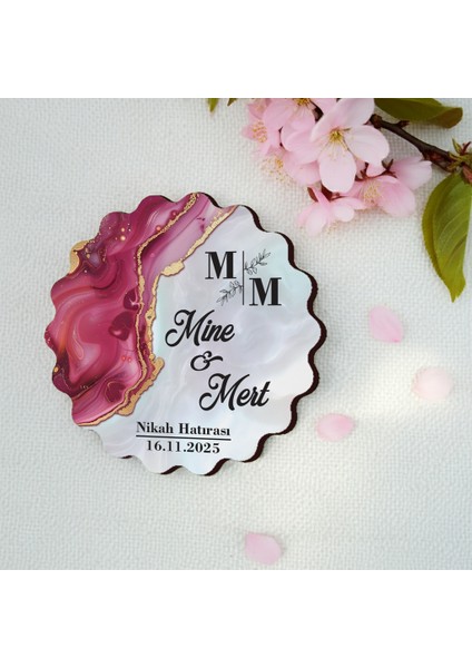 50 Adet Epoksi-Mermer Görünümlü Kişiye Özel Ahşap Magnet – Fuşya - Nikah & Düğün Hediyeliği indirimleri