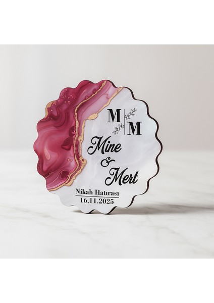50 Adet Epoksi-Mermer Görünümlü Kişiye Özel Ahşap Magnet – Fuşya - Nikah & Düğün Hediyeliği