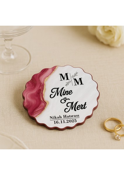 50 Adet Epoksi-Mermer Görünümlü Kişiye Özel Ahşap Magnet – Fuşya - Nikah & Düğün Hediyeliği