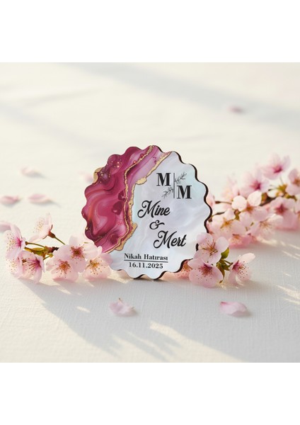 50 Adet Epoksi-Mermer Görünümlü Kişiye Özel Ahşap Magnet – Fuşya - Nikah & Düğün Hediyeliği