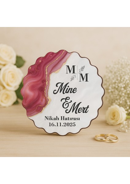 50 Adet Epoksi-Mermer Görünümlü Kişiye Özel Ahşap Magnet – Fuşya - Nikah & Düğün Hediyeliği