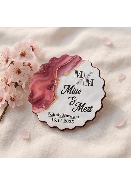 50 Adet Epoksi-Mermer Görünümlü Kişiye Özel Ahşap Magnet – Fuşya - Nikah & Düğün Hediyeliği