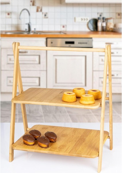 2 Katlı Dikdörtgen Bambu Servis Sunum Seti Büyük Boy, Kuru Pasta, Kurabiye ve Kek Sunumları Için Büyük Boy (38CM-30CM-22.5CM)