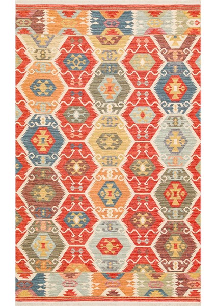 Ürgüp 06 Red %100 Pamuk ile Üretilen Etnik Desenlere Sahip Yıkanabilir Çift Taraflı Ince Yıkanabilir Kilim