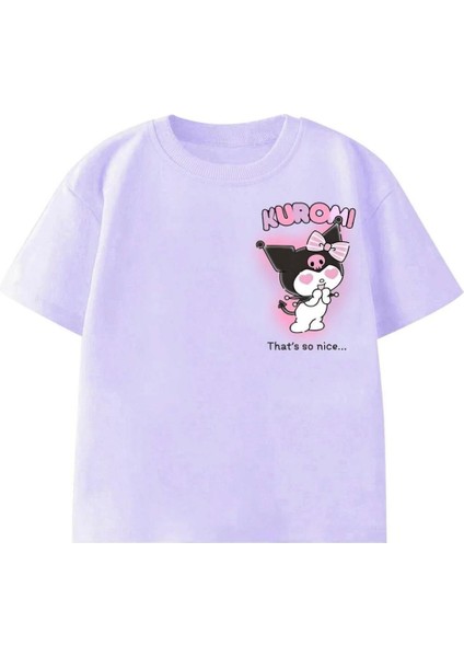 Farklı Tarz Eğlenceli Kuromi Yeni Nesil Karakter Baskılı Resimli Kız Pamuklu Lila Renk Tişört