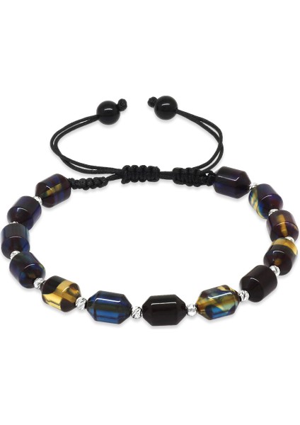 Makrome Örgülü Dorika Top Süslemeli Mavi Beyaz Ateş Kehribar Erkek Bileklik