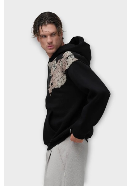 Realistic Oversize Hoodie - Şardonlu %100 Pamuk - Siyah