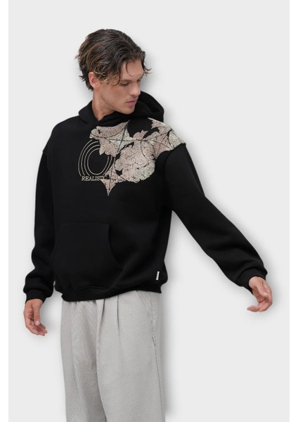 Realistic Oversize Hoodie - Şardonlu %100 Pamuk - Siyah fırsatları