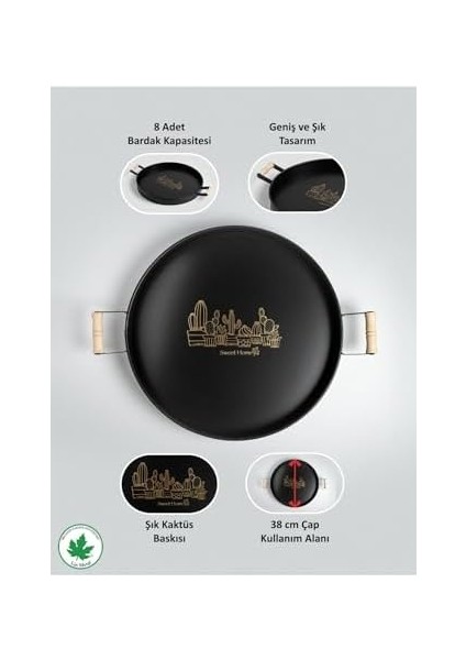 Metal 37CM Ahşap Kulplu Siyah Metal Tepsi Yuvarlak Çay Tepsisi Sunum Tepsisi Tahta Kulplu Kahve Tepsisi fiyatları