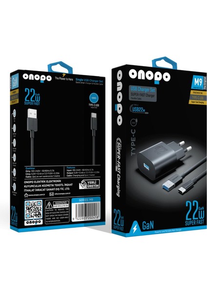 22W Hızlı Şarj Aleti Seti | Type-C USB Kablo Dahil | 1m Esnek Kablo | Uyumlu | - M9