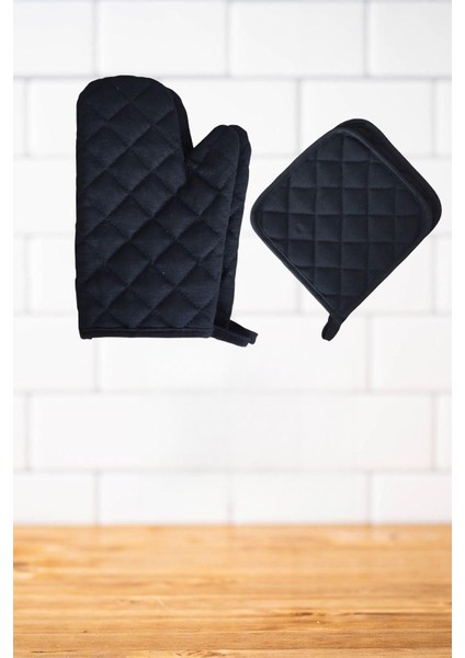 Tekstil Yanmaz ve Dayanıklı Fırın Eldiveni ve Tutacak (2 Eldiven, 2 Tutacak) Siyah 17 x 27