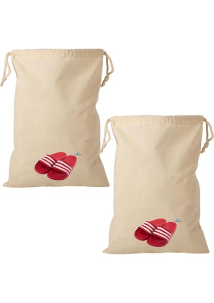 Ip Büzgülü Ham Bez Kese, Kirli Torbası, Ayakkabı Torbası, Çok Amaçlı Kese (2 Adet) (Terlik Baskılı, 30X40)