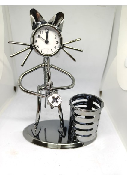 Kedi Figürlü Kalemlikli Masa Saati