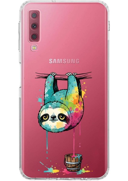 Samsung Galaxy A7 2018 ile Uyumlu Splash Tembel Hayvan Tasarımlı Şeffaf Silikon Kılıf