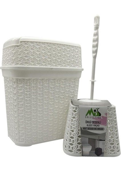 Mark Hasır Desenli Çöp Kovası ve Klozet Fırçası Seti, Beyaz