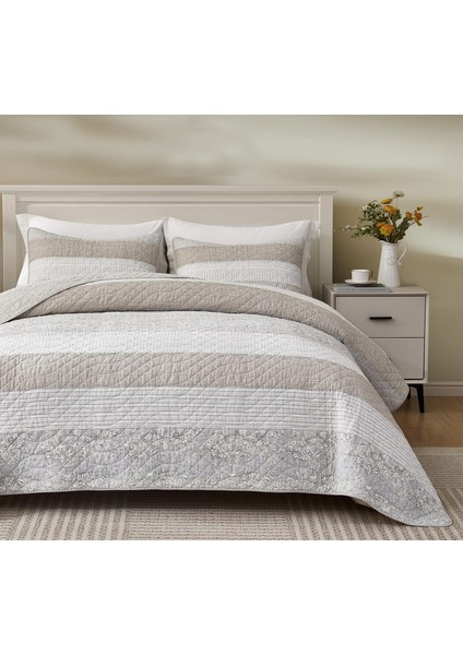 Robyn 3 Parça Nötr Boz Gri Beyaz Çiçekli Çiçeği Yama Işi Çizgili Yorgan Seti - Önceden Yıkanmış Pamuklu Örtü - Hafif Ters Çevrilebilir Yatak Örtüsü, Battal Boy